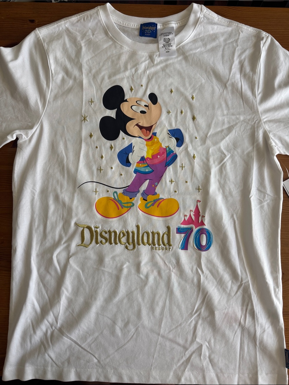 Disney Disneyland White Mickey Mouse Rainbow Accents 70th Anniversary Tee Shirt